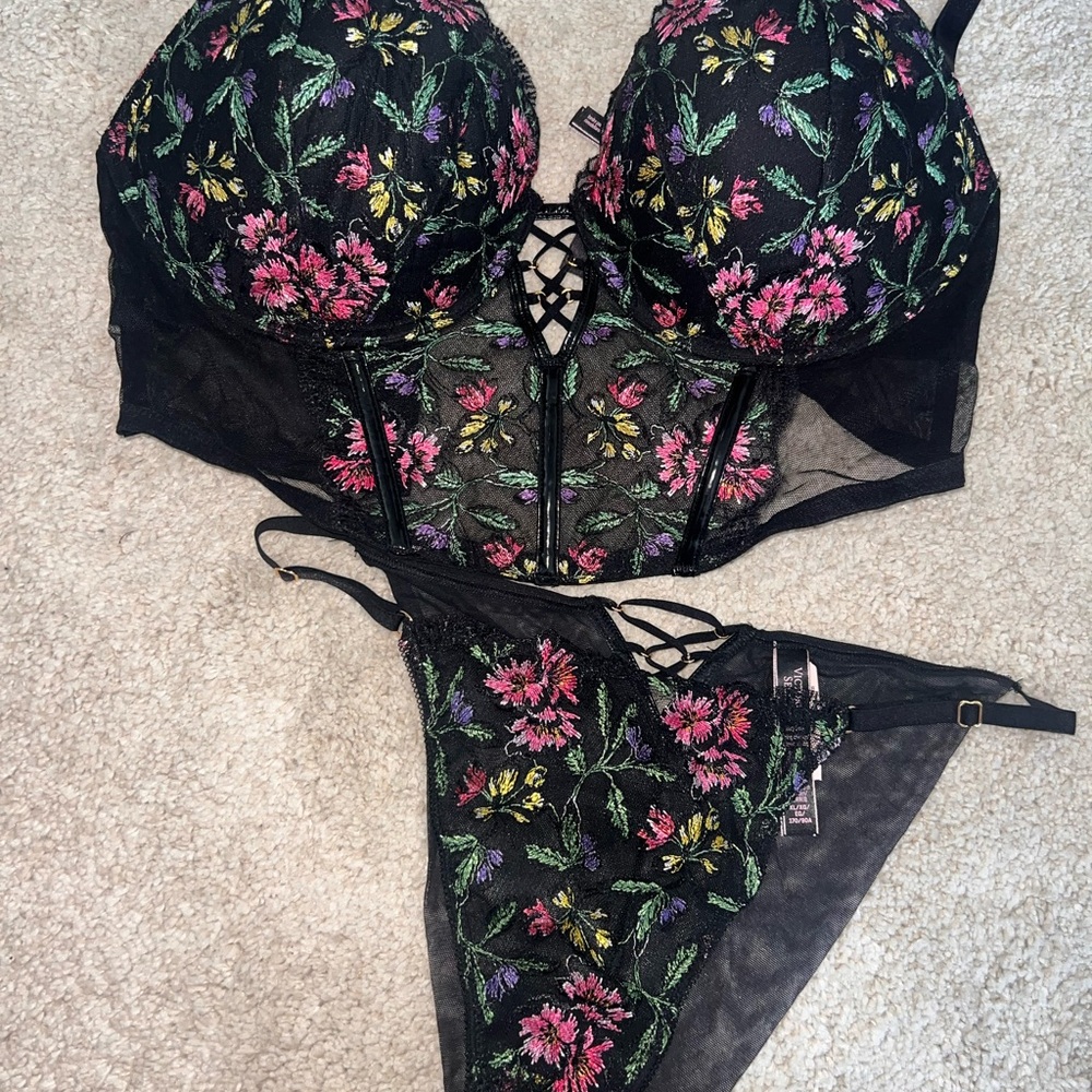 Victoria's Secret Black and Pink Floral Embroidered Bra Set